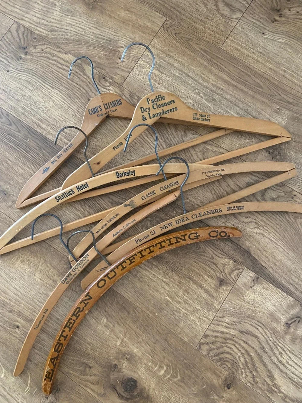 Vintage California Advertising Wood Hanger Lot 7 Hotel Cleaners Stores